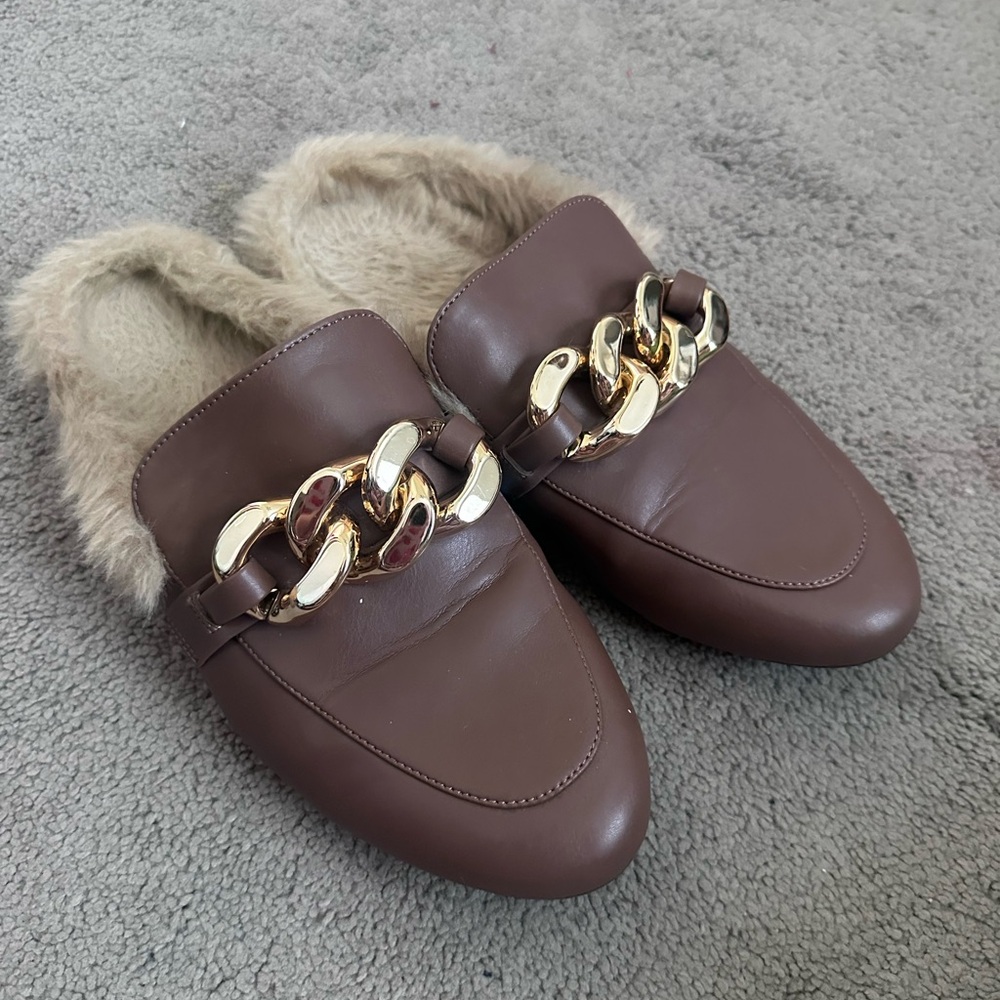 Brown Faux-Fur Lined Slip-On Loafers with Gold Chain Trim